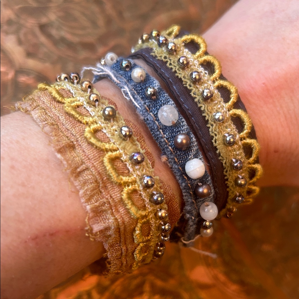 Handmade Upcycled Beaded Lace Boho Gypsy Stackable Fabric Bracelets